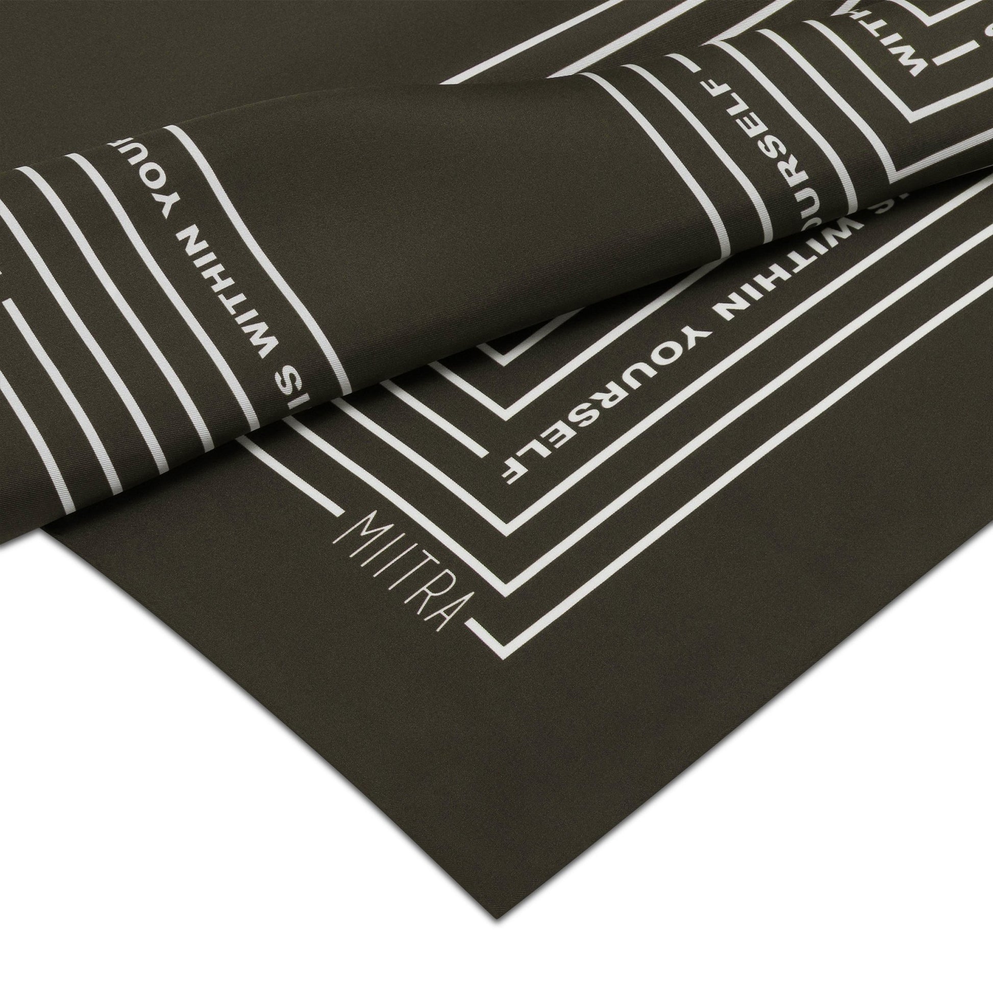 Close up view of the MIITRA logo on an olive brown silk scarf?id=22984665825467
